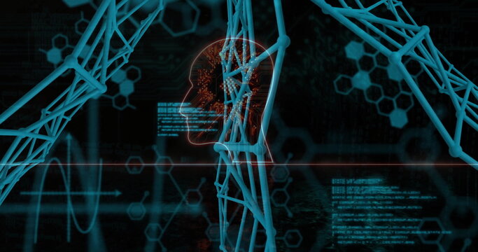 Head silhouette pulsing with neural circuitry on interface, with tubular mesh and hexagonal motifs