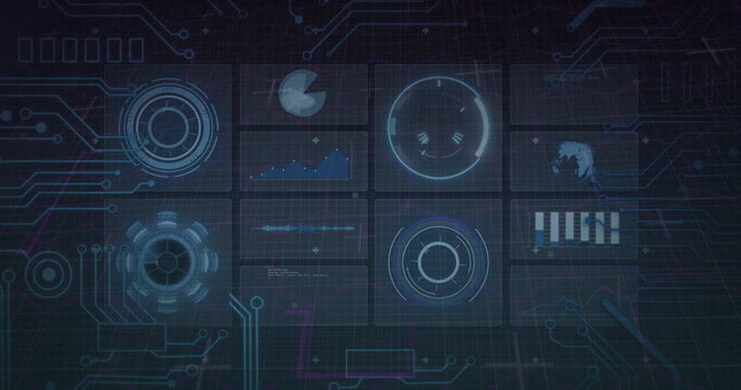 Displaying central holographic data panels overlaying grid interface, with neon circuit traces