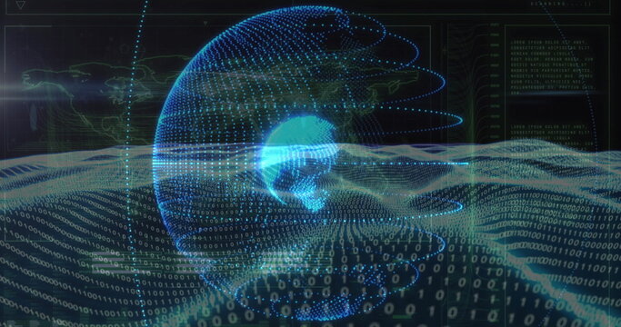 Displaying 3D dotted globe glowing at core in virtual cyberspace, with streaming binary code digits - Powered by Adobe