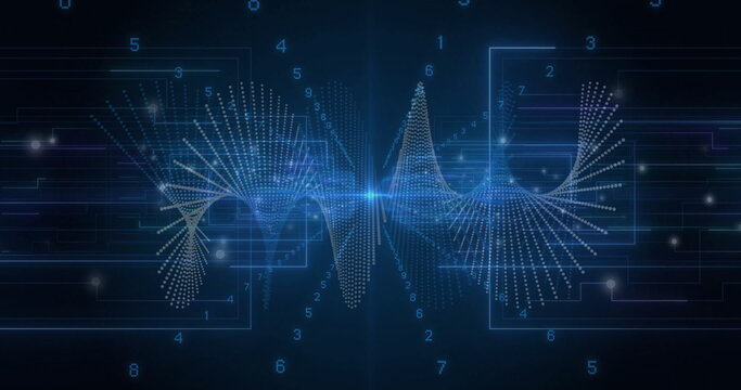 Spiraling digital waveform across interface, with light flare, frames, circuits and digit labels - Powered by Adobe