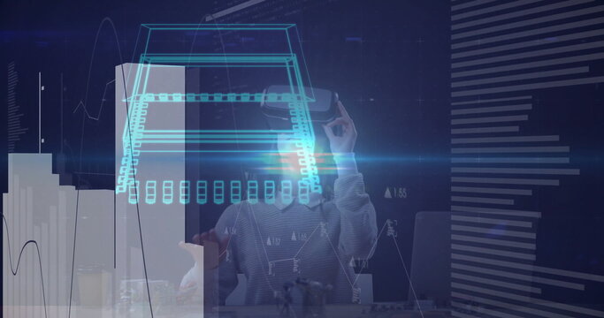 Designing woman manipulating 3D car blueprint in office, with VR headset and data chart overlays