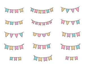 Hand drawn festive garlands of flags. Multicolored garlands of flags for birthday, carnival, circus and holiday decoration. Vector