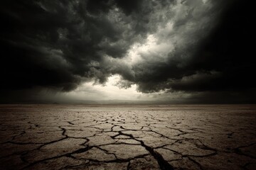 Vast, cracked earth under ominous sky