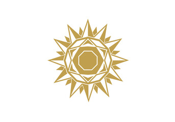 Golden Geometric Starburst Sun Mandala Design.