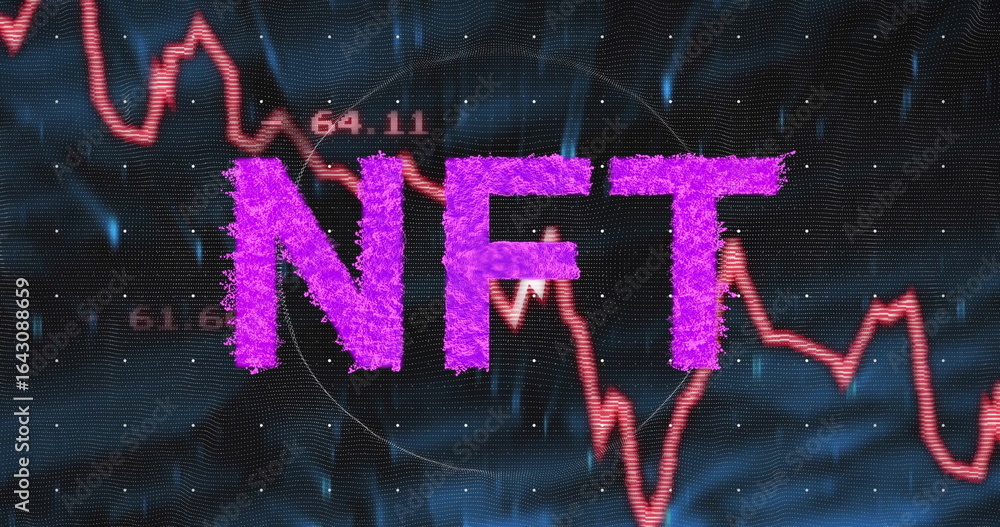 Aufkleber showing fuzzy purple nft text floating in digital interface, with red chart labels, glitch streaks
