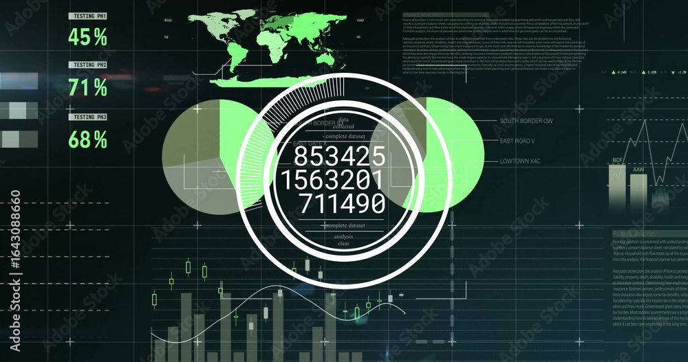 Poster displaying digital dashboard on large screen, with world map and concentric circular infographic