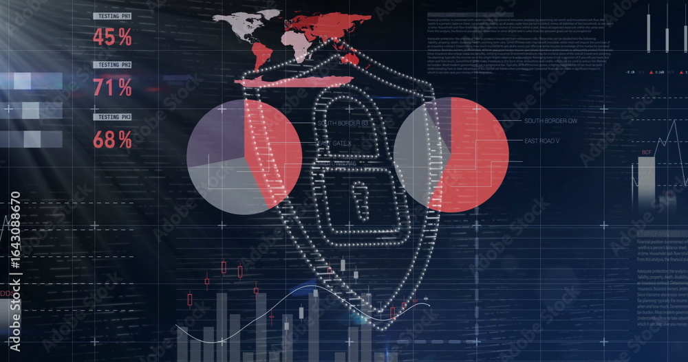 Poster displaying dotted shield with padlock on security dashboard, with world map, pie and bar charts