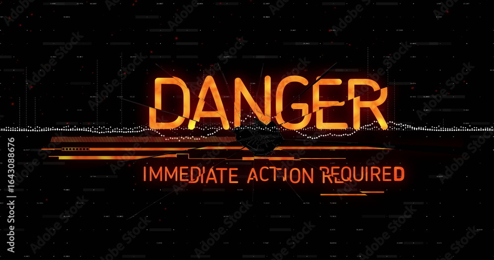 Poster flashing bold danger warning on interface, with immediate action required text and glitch bars