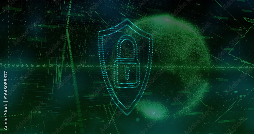 Poster displaying glowing shield icon guarding data streams in cyber space, with padlock, particle globe