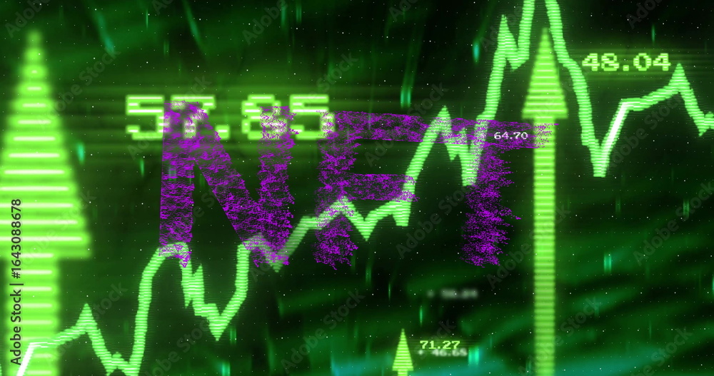 Poster displaying purple nft acronym pulsing on trading screen, with neon-green line graphs, numeric data