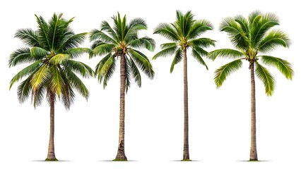 Row of tall coconut palm trees with green fronds isolated on white background
