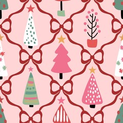 Whimsical pastel christmas trees in retro scandinavian style with festive holiday elements seamless pattern for winter and holiday season crafts and sublimation projects