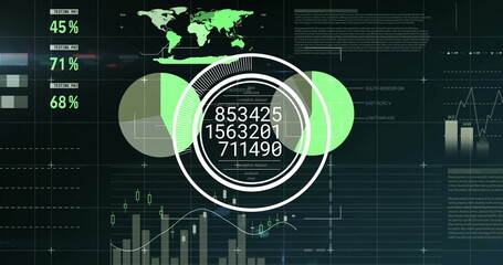 Displaying digital dashboard on large screen, with world map and concentric circular infographic