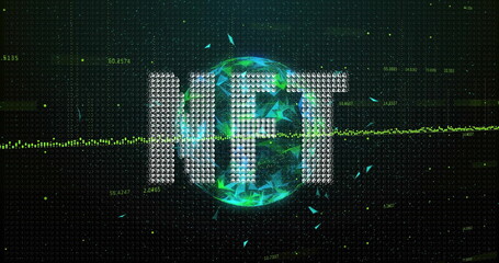 Floating dot-matrix letters NFT hovering over faceted globe above dark binary grid, with waveform