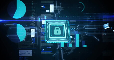 Glowing microchip displaying padlock icon in cyber network, with holographic charts and panels