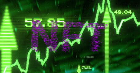 Displaying purple NFT acronym pulsing on trading screen, with neon-green line graphs, numeric data