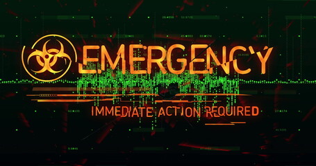 EMERGENCY: IMMEDIATE-ACTION-REQUIRED flashing on console with biohazard, red glitch over green code