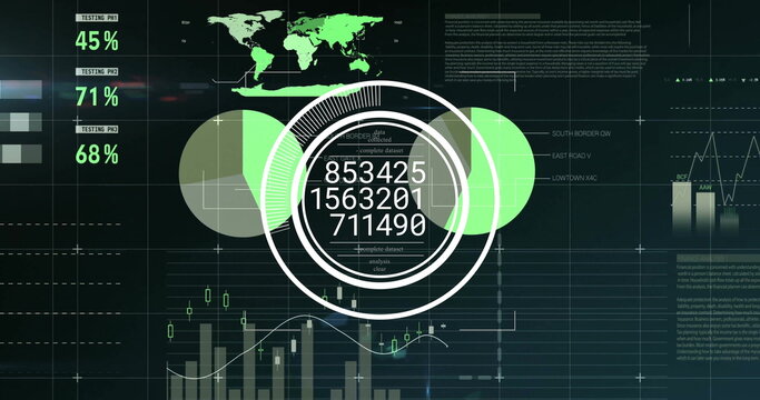 Displaying digital dashboard on large screen, with world map and concentric circular infographic