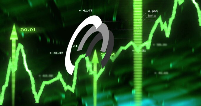 Showing white light gray dark gray arcs overlaying virtual trading chart marking green line graph