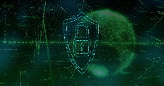 Displaying glowing shield icon guarding data streams in cyber space, with padlock, particle globe