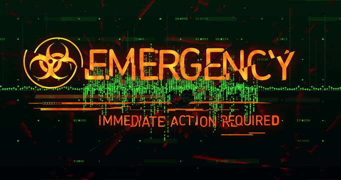 EMERGENCY: IMMEDIATE-ACTION-REQUIRED flashing on console with biohazard, red glitch over green code