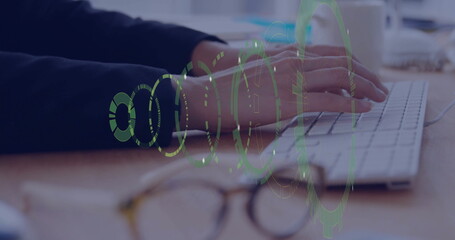 Typing office worker using white keyboard on office desk with HUD graphics, eyeglasses, coffee mug