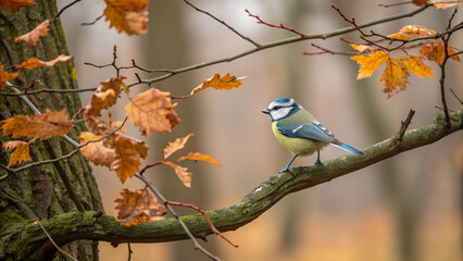 Colorful Cyanistes caeruleus perched in serene autumn woodland, perfect for wildlife photography, birdwatching, and educational resources