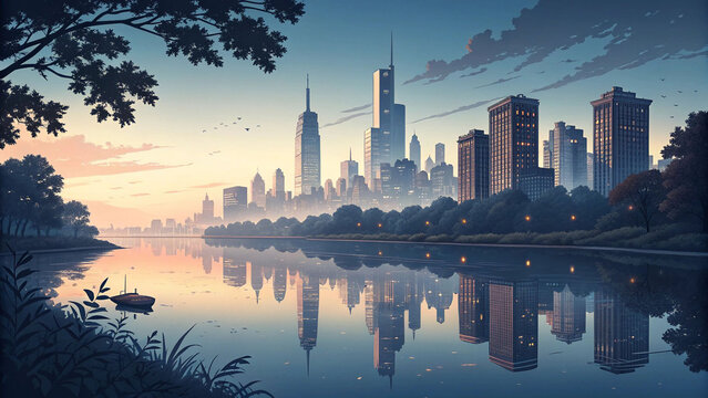 City skyline reflection at dawn scenic landscape wallpaper background desktop hd high resolution image
