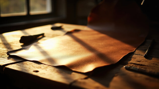Brown leather sheet on wooden table with sunlight and tools in a workshop setting craft concept