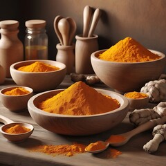 Aromatic turmeric powder and raw roots on wooden table, closeup