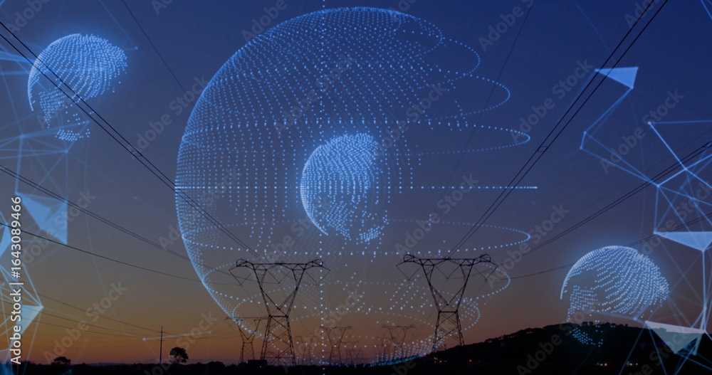 Poster hovering digital network sphere linking pylons, power lines and mesh lines over rural field at dusk