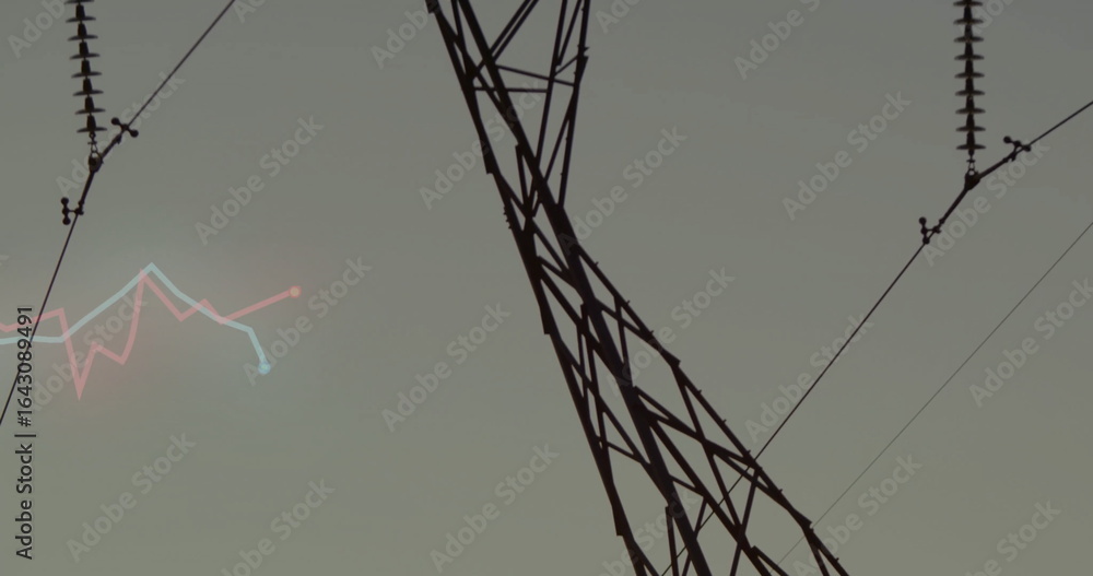 Poster stretching lattice transmission tower segment in open sky, with insulators and pink blue line graph