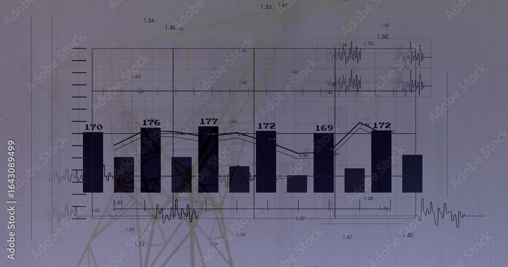 Poster Displaying transparent bar and line chart on digital screen with gridlines, waveform, tower outline