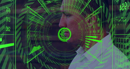 Analyzing man in white shirt interfacing in lab, with neon-green holographic panels, copy space