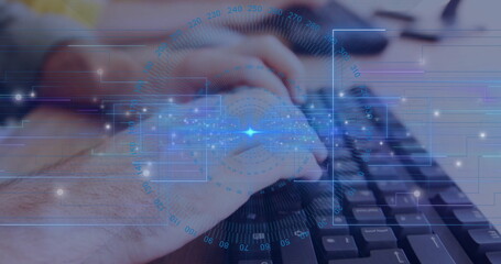 Typing male hands entering data on black computer keyboard at home office desk, with blue interface