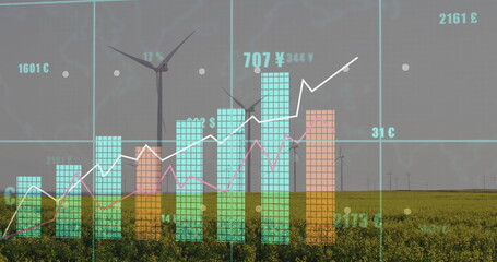 Displaying data visualization over farmland wind turbines, featuring teal bars and pink trend lines