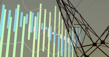 Displaying green-blue bars and pink-cyan lines on grey gradient, overlaying tower silhouette