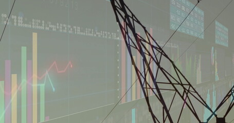 Displaying dark wireframe lattice overlapping bar charts in dashboard, with line graphs