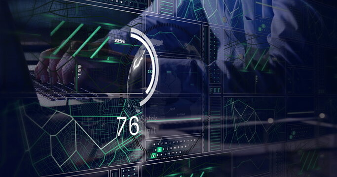 Typing male in business casual shirt on laptop keyboard at office, projecting holographic overlays