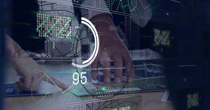 Tech hands typing code on laptop at office desk, with coffee cup, digital data display