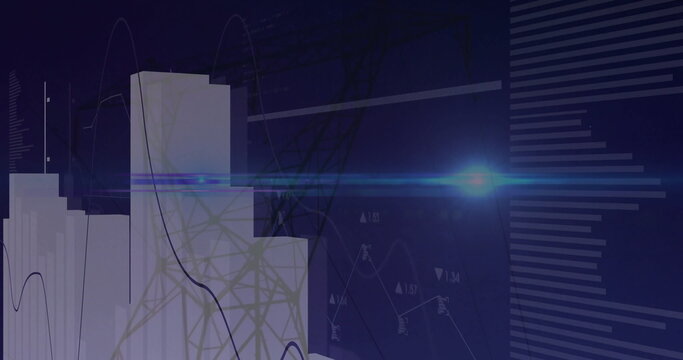 Featuring white 3D bars rising in analytics dashboard with line graphs and lens flare, copy space