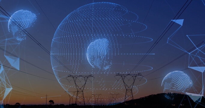 Hovering digital network sphere linking pylons, power lines and mesh lines over rural field at dusk