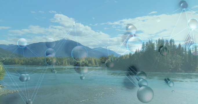 Fototapeta Floating molecular network graphic spanning river valley in park with forest shore and mountains