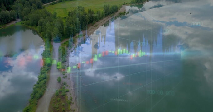 Fototapeta Showing peninsula by forest gravel road along lake, financial candlestick chart overlay, copy space