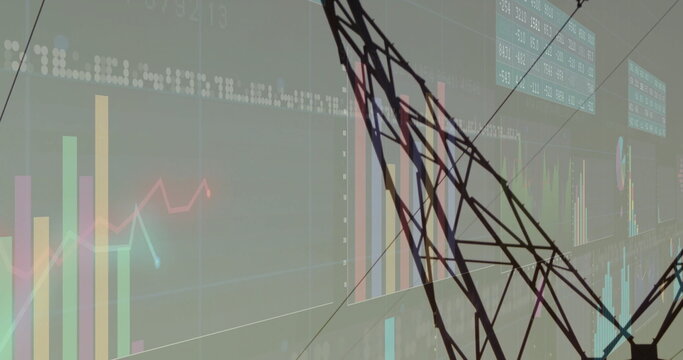 Displaying dark wireframe lattice overlapping bar charts in dashboard, with line graphs