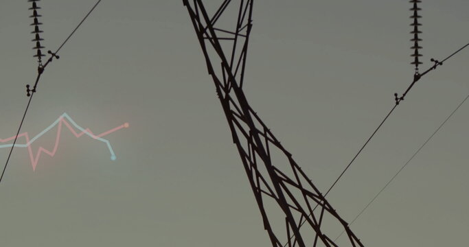 Fototapeta Stretching lattice transmission tower segment in open sky, with insulators and pink blue line graph