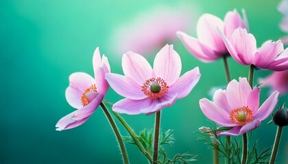 Fototapeta premium Gently pink flowers of anemones outdoors in summer spring close-up on turquoise background w.jpg