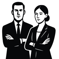 Confident man and woman in business suits standing together with arms crossed isolated on white background
