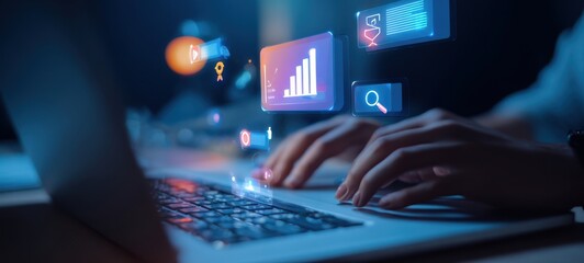 The laptop displaying digital analytics and data visualization interface.