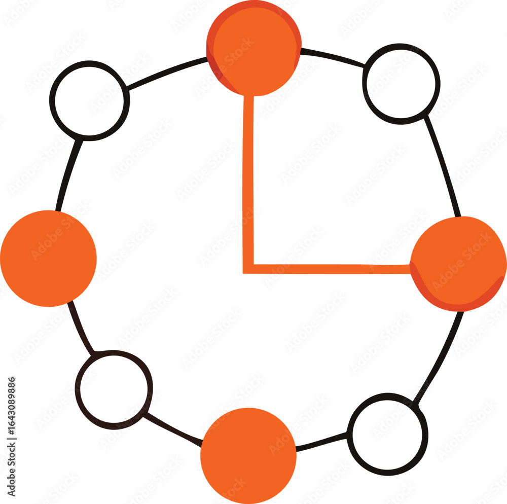 Poster abstract circular diagram featuring alternating orange and white dots connected by lines with a styl